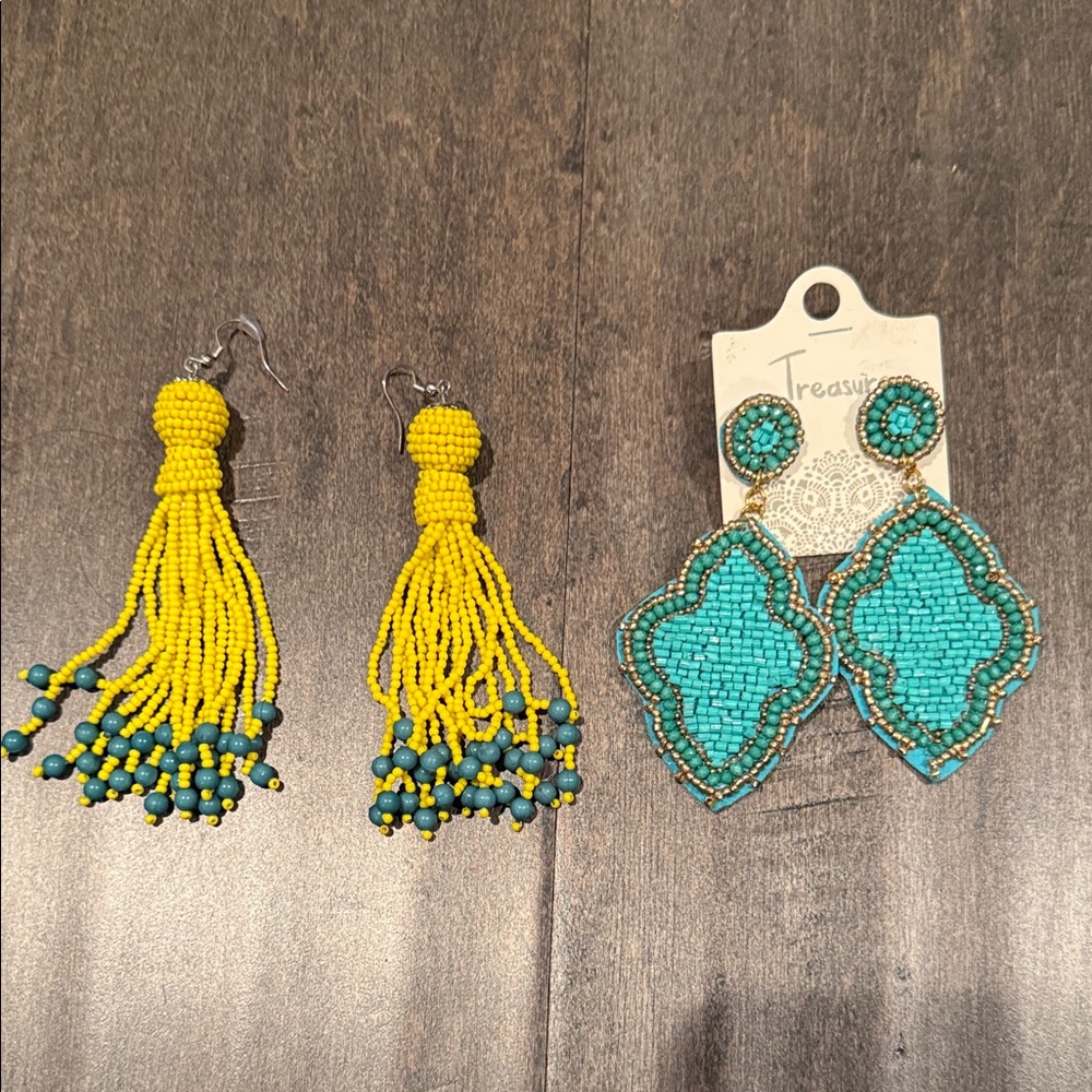 Yellow and Turquoise Beaded Earrings Set NWT